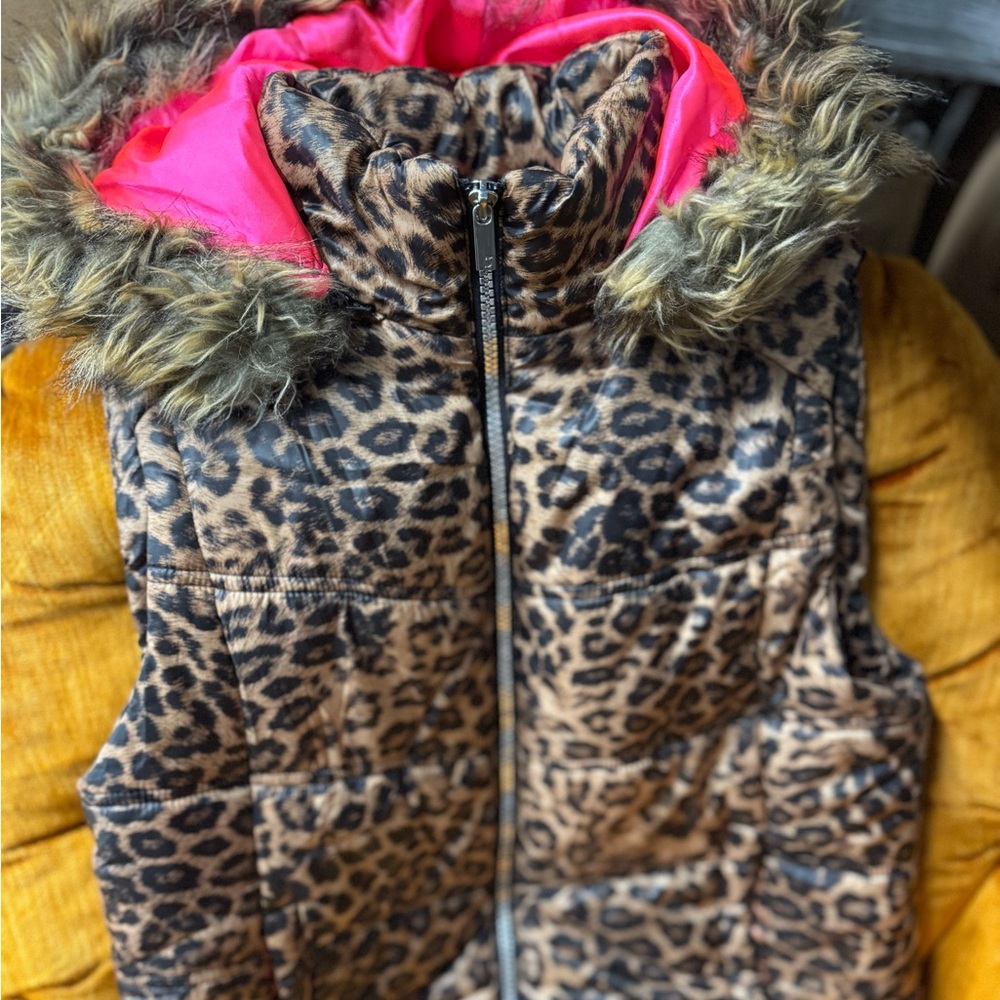 Y2K Juicy Couture Leopard Print Faux Fur Hooded Puffer Vest with Pink Lining